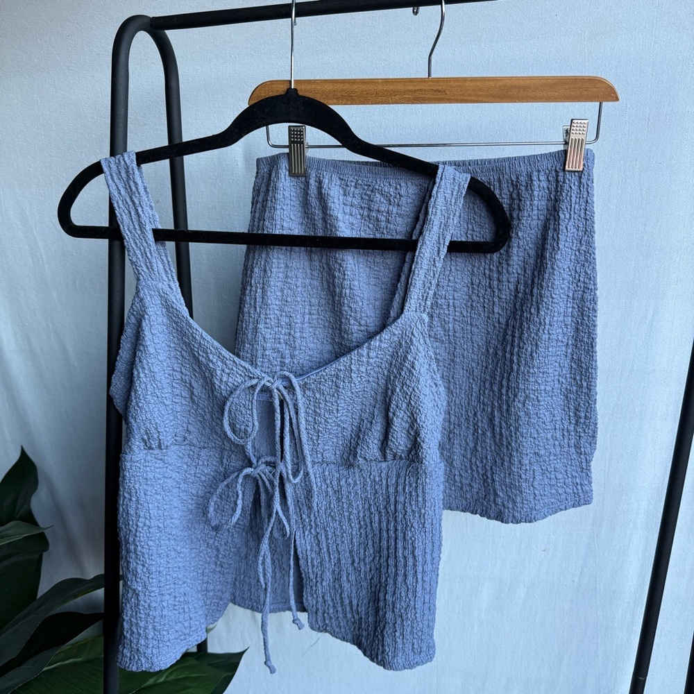 See You Monday Light Blue Textured Mini Skirt Set